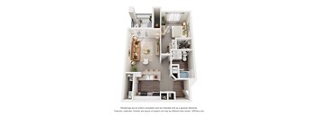 A 3D floor plan of a 1-bedroom apartment with a kitchen, living room, and bathroom.