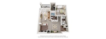 A 3D floor plan of a 1-bedroom apartment with a kitchen, living room, and bathroom.