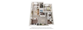 A 3D floor plan of a 1-bedroom with a kitchen, living room, and bathroom.