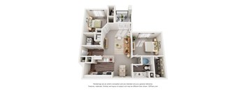 A 3D floor plan of a 2-bedroom with a kitchen, living room, and bathroom