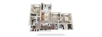 A 3D floor plan of a 2-bedroom with a kitchen, living room and bathroom.