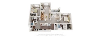A 3D floor plan of a 2-bedroom apartment with a kitchen, living room and 2 bathrooms