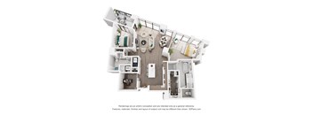 A 3D floor plan of a 2 bedroom apartment with a kitchen, living room, and 2 bathrooms