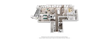 A 3D floor plan of a 2 bedroom apartment with a kitchen, living room, dining room, and two bathrooms