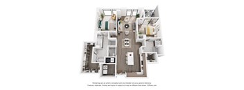 A 3D floor plan of a 2 bedroom apartment with a kitchen, living room, and 2 bathrooms