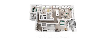 A 3D floor plan of a 3 bedroom apartment with a kitchen, living room, and 3 bathrooms
