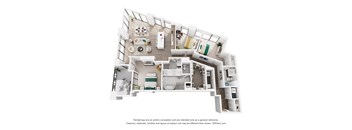 A 3D floor plan of a 3 bedroom apartment with a kitchen, living room, and 3 bathrooms