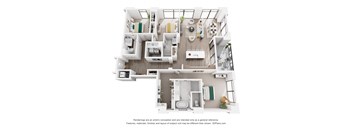 A 3D floor plan of a 3 bedroom apartment with a kitchen, living room, and 3 bathrooms