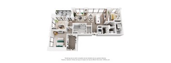 A 3D floor plan of a 2 bedroom apartment with a kitchen, living room, and 2 bathrooms