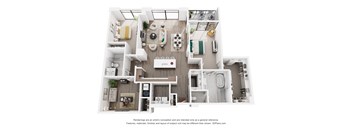 A 3D floor plan of a 2 bedroom apartment with a kitchen, living room, and 2 bathrooms