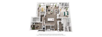 A 3D floor plan of a 2 bedroom apartment with a kitchen, living room, and 2 bathrooms