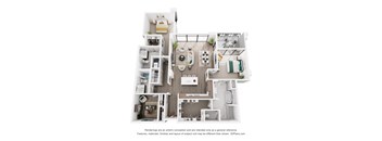 A 3D floor plan of a 2 bedroom apartment with a den  and 3 bathrooms