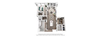 A 3D floor plan of a 1 bedroom apartment with a kitchen, living room, and 1.5 bath