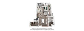 A 3D floor plan of a 1 bedroom apartment with a kitchen, living room, and bathroom.