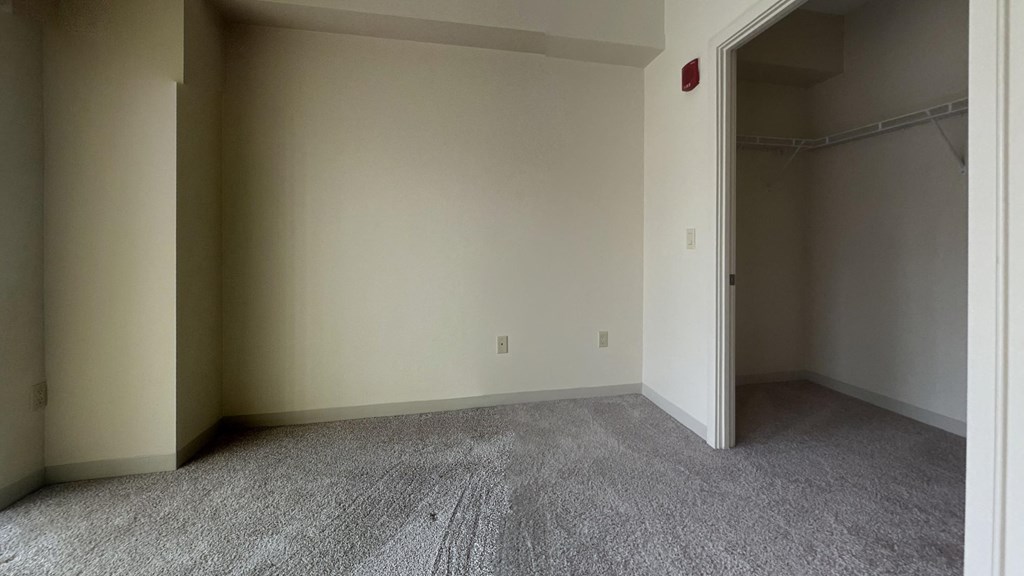 an empty room with carpet and a closet