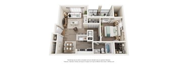 A 3D floor plan of a 1-bedroom apartment with a kitchen, living room, and bathroom.