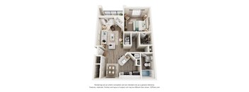 A floor plan of an apartment with a kitchen, living room, and two bedrooms.