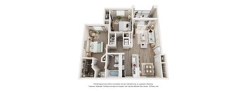 A 3D floor plan of a 2-bedroom apartment with a kitchen, living room, and bathroom.