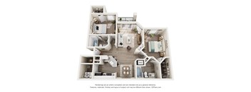 A 3D floor plan of an apartment with a kitchen, living room, and two bedrooms.