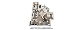 A 3D floor plan of a house with a kitchen, living room, and bathrooms.