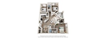 A 3D floor plan of an apartment with a kitchen, living room, and three bedrooms.
