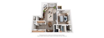 A 3D floor plan of a 1-bedroom apartment with a kitchen, living room, and bathroom.