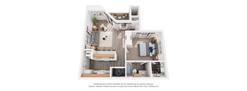 A 3D floor plan of a 1-bedroom apartment with a kitchen, living room, and bathroom.