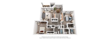 A 3D floor plan of a 2-bedroom apartment with a kitchen, living room, and bathroom.