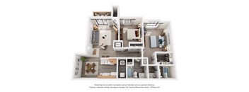 A 3D floor plan of a 2-bedroom apartment with a kitchen, living room, and bathroom.