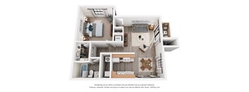 A 3D floor plan of a 1-bedroom apartment with a kitchen, living room, and bathroom.