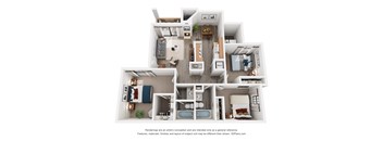 A 3D floor plan of a 3-bedroom apartment with a kitchen, living room, and bathroom.