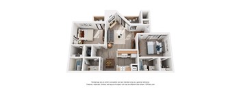 A 3D floor plan of a 2-bedroom apartment with a kitchen, living room, and bathroom.
