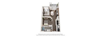 A 3D floor plan of a junior 1 bedroom apartment with a kitchen, living room, and bathroom.