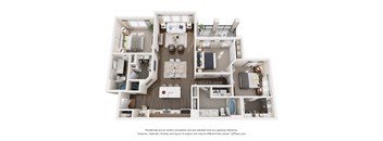 A 3D floor plan of a 3 bedroom apartment with a kitchen, living room, and bedrooms.