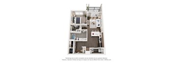 A 3D floor plan of a 1 bedroom apartment with a kitchen, living room, and bathroom.