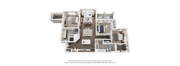 A 3D floor plan of a 3 bedroom apartment with a kitchen and living room