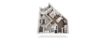 A 3D floor plan of a one bedroom apartment home with a kitchen, living room, and two bedrooms.