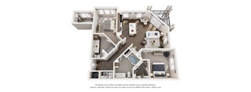A 3D floor plan of a 2 bedroom apartment with a kitchen, living room, and two bedrooms.