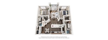 A 3D floor plan of a 2 bedroom apartment with a kitchen, living room, and bedrooms.