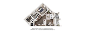 A 3D floor plan of a 1 bedroom apartment with a kitchen, living room, and two bedrooms.