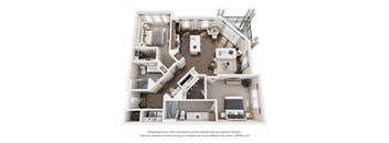 A 3D floor plan of a 2 bedroom apartment home with a kitchen, living room, and bathrooms.