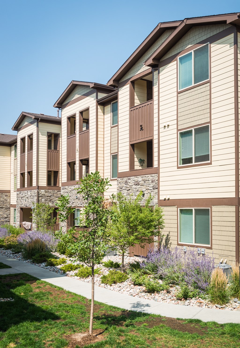 a row of apartment buildings with a sidewalk in front of them at Estate at Woodmen Ridge, Colorado Springs, CO