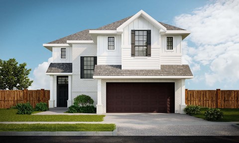 A white two-story house with a garage.
