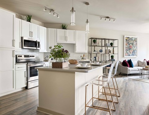 A modern kitchen with white cabinets and a wooden floor.