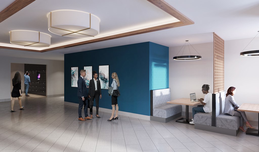 a rendering of a lobby with people standing in front of a blue wallat SoRoc On Maine, Minnesota