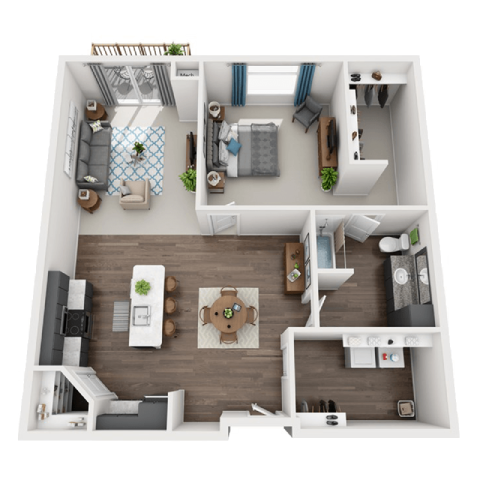 a 3d rendering of a bedroom with a bathroom and a living roomat SoRoc On Maine, Minnesota, 55904