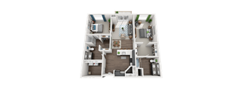 3d view of a 3 bedroom floor plan of a 2100 sq ft apartmentat SoRoc On Maine, Rochester Minnesota 