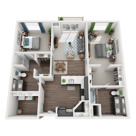 3d view of a 3 bedroom floor plan of a 2100 sq ft apartmentat SoRoc On Maine, Rochester Minnesota 
