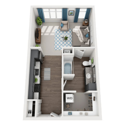 a 3d rendering of a bedroom with a bathroom and a living roomat SoRoc On Maine, Rochester, MN 55904