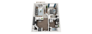 a 3d drawing of a bedroom with a bathroom and a living roomat SoRoc On Maine, Rochester, MN 